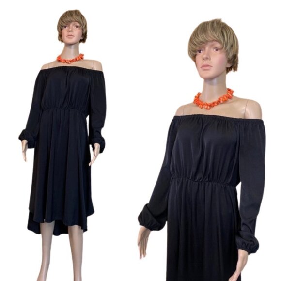 Off shoulders peasant style long puff sleeves high low‎ black midi dress XL - Picture 2 of 5